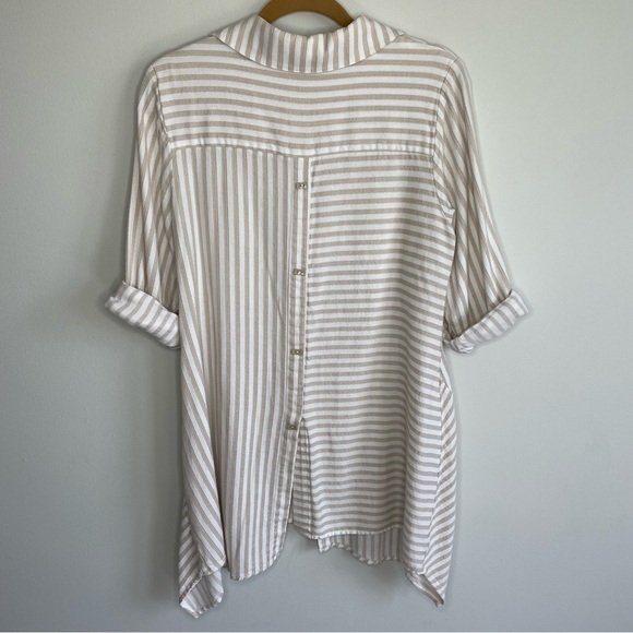 Soft Surroundings Tan & White Striped Button Down Long Sleeve Standout Tunic Top - Picture 4 of 8